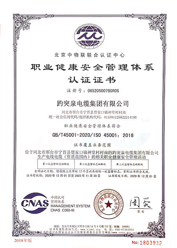 職業健康安全管理體系證書